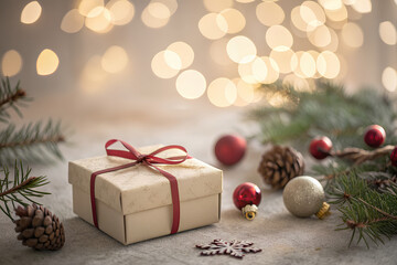 Christmas gift box with ribbon and festive lights
