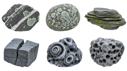 Collection of diverse, isolated geological rock specimens featuring varied textures, patterns, and lichen growth for natural science and design projects