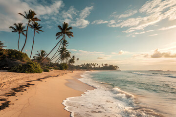 Tropical beach with palm trees at sunset
