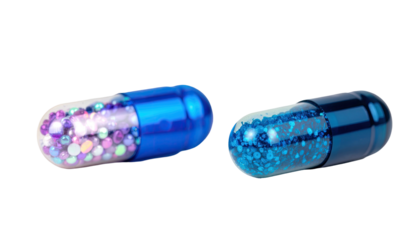 Two iridescent capsules against black background