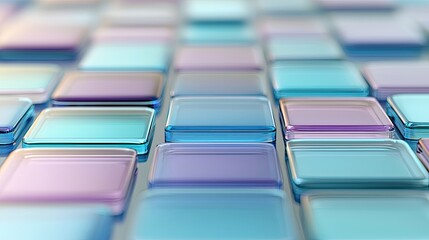 Close-up of a pattern of colorful glass squares in shades of blue, purple, and pink. The image has a soft focus and a dreamy, abstract quality.