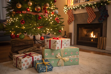 Christmas gifts under tree by fireplace
