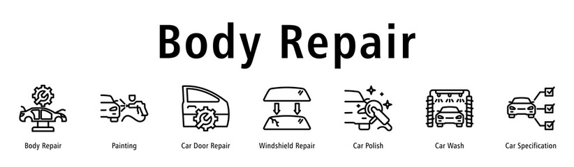 Body Repair web banner icon vector illustration with icons of Body Repair, Painting, Car Door Repair, Windshield Repair, Car Polish, Car Wash and Car Specification.