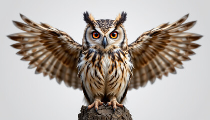 Obraz premium Owl with spread wings perched on tree stump with intense orange eyes and detailed brown and white feathers