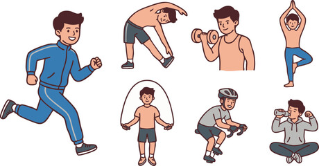Diverse Fitness and Workout Illustrations Showcasing Exercise Activities for Health and Wellness Concepts