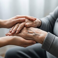 Caring hands young hands gently hold wrinkled, senior hands in comfort