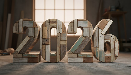 Rustic 2026 wooden block numbers create a unique and artistic presentation