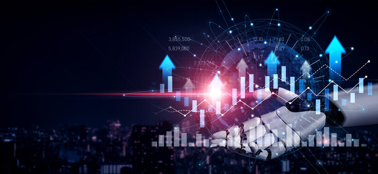 A futuristic robotic hand holds a data visualization showcasing charts and graphs, representing technological growth and innovation in a city landscape. Scalp