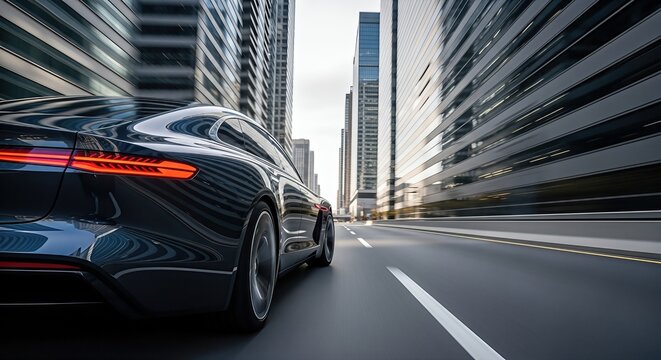 Sleek black luxury car speeding through modern cityscape with towering skyscrapers reflecting sunlight, showcasing urban transport dynamics and motion - Powered by Adobe