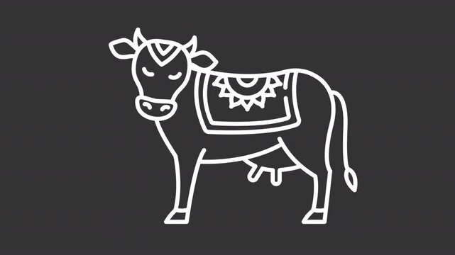 Sacred animal white line animation. Religious cow animated icon. Hindu culture. Holy cow. India traditions. Shaking head, moving tail. Isolated element on dark background. Alpha transparent video