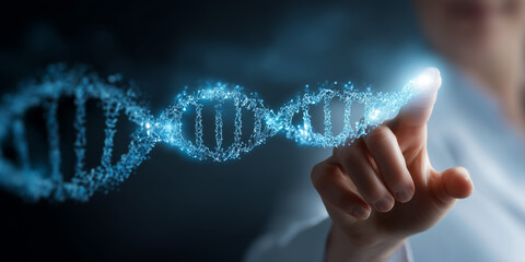 Scientist touching digital DNA helix in modern laboratory setting  