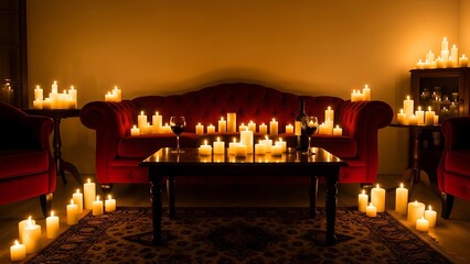 Interior scene with numerous candles illuminating a red sofa and table.