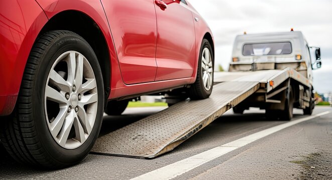 Red car being loaded onto a tow truck with a metallic ramp on a roadside, showcasing vehicle transport and emergency assistance in urban environment