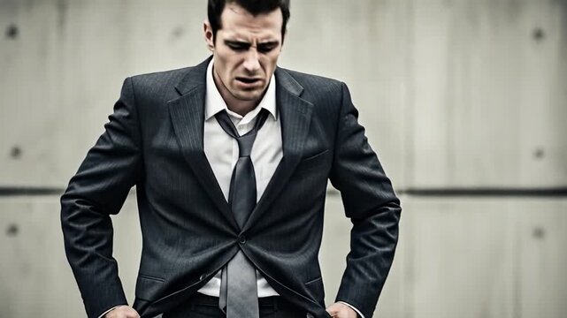 Bankrupt businessman shows empty pockets, symbolizing financial ruin