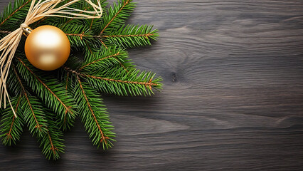 Elegant golden Christmas ornament and fresh green pine bough on rustic wood surface creating a warm holiday feeling for festive season cards