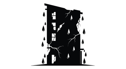 a crumbling building with rain and lightning depicted in dramatic black silhouette