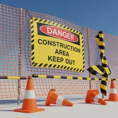 Construction site hazard sign, fence, cones. Bright, outdoor scene. Simulated