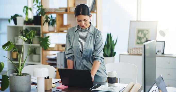 Woman, research and typing in office with laptop for business growth, sustainable company and review. Female person, browsing and reading with computer, eco friendly project and development report.