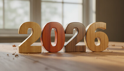 Anticipate the vibrant year 2026 with wooden numbers on a sunlit table