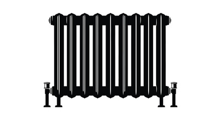 A vintage cast iron radiator against a bright white background detailed and stark silhouette