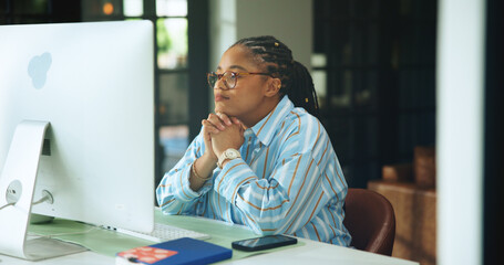 Freelancer, computer and planning of black woman in home office for web designer, research and...