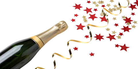 Champagne bottle with confetti and streamers isolated on transparent background