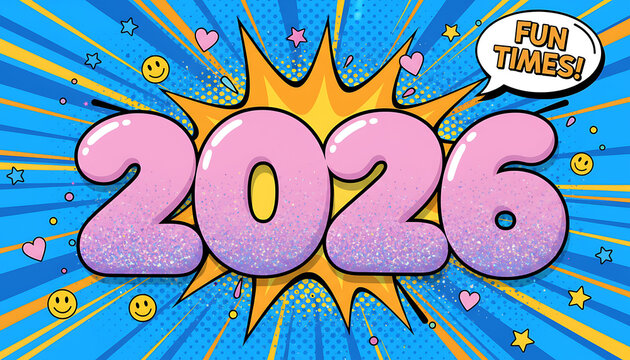 Exciting 2026 celebration design with retro pop art comic book style elements - Powered by Adobe