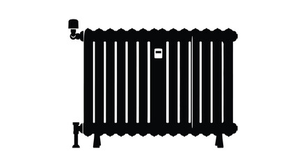 A simple black and white illustration of a vintage style radiator with a valve silhouette