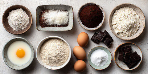 Various baking ingredients arranged in bowls on a neutral surface