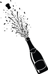Champagne Bottle Popping with Confetti &mdash; New Year Black & White Silhouette Vector