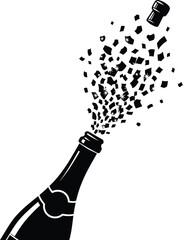 Champagne Bottle Popping with Confetti &mdash; New Year Black & White Silhouette Vector