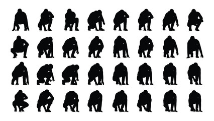 Human squatting and crouching silhouettes isolated on white background, Vector