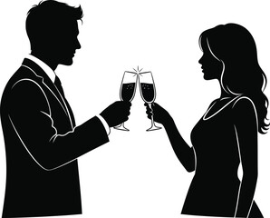 Couple Clinking Champagne Glasses &mdash; New Year Celebration Silhouette Vector Art