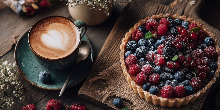 Coffee cup with heart design alongside berry tart on wooden table  