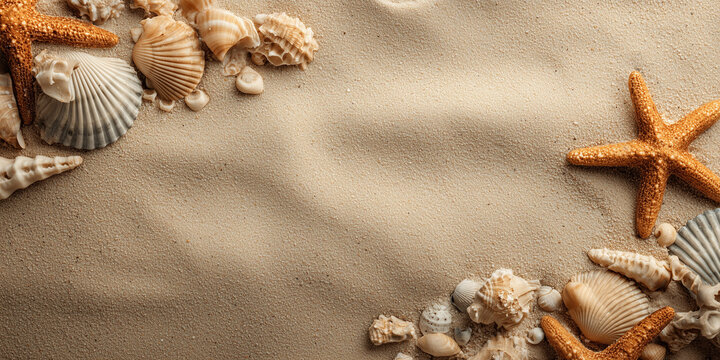 Seashells and starfish arranged on sandy beach background   - Powered by Adobe