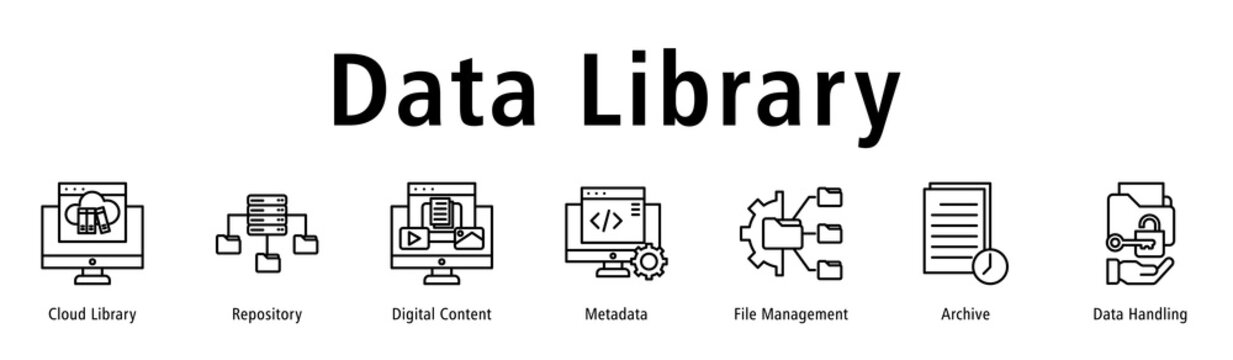 Data Library web banner icon vector illustration with icons of Cloud Library, Repository, Digital Content, Metadata, File Management, Archive and Data Handling.