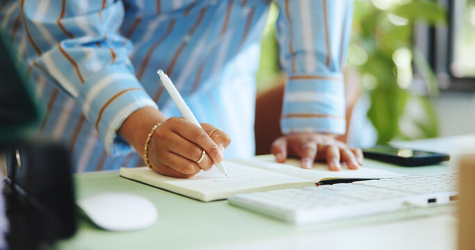 Notebook, writing and hands of woman in office for research, blog to do list and journalist reminder. Planning, brainstorming and article planner with person in agency for update, agenda and report