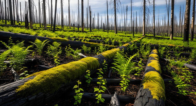 Vibrant green moss and ferns signal nature's powerful rebirth amidst the charred remains of a forest fire