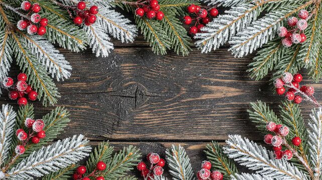 Rustic christmas pine wreath border arrangement featuring frosted fir branches and vibrant red berries isolated on dark wooden background use case for holiday graphics or greeting card template