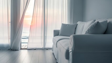 A bright, airy living room with a white sofa, curtains, and a view of the ocean.