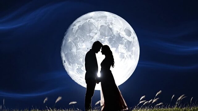 Silhouette of a romantic couple kissing in front of a large moon with a dark blue background and wavy clouds