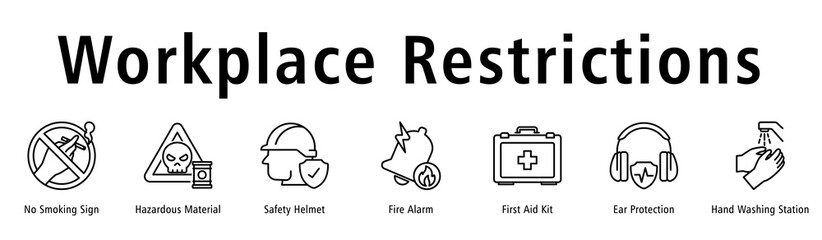Workplace Restrictions banner with No Smoking, Hazardous Material, Helmet, Fire Alarm, First Aid, Ear Protection, and Hygiene Station.