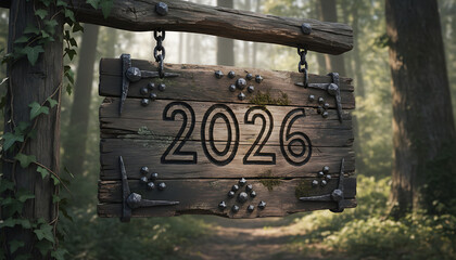 Obraz premium Welcome 2026 rustic woodland sign, new beginnings concept in the forest landscape