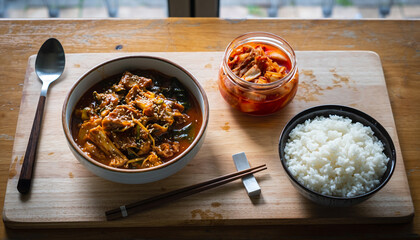 High-Resolution Flat-Lay of Korean Stew, Rice, and Kimchi Under Soft Natural Lighting