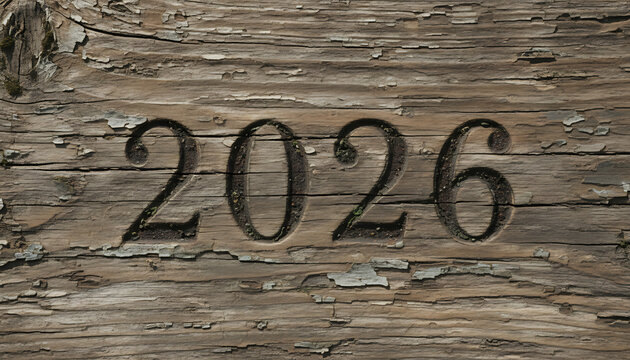 Rustic wood carving marks the year 2026, perfect for future events themes