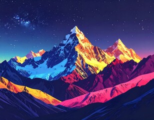 Digitally enhanced landscape depicting colorful mountain range under a starry sky
