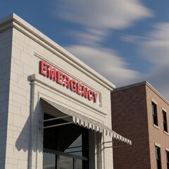 Fototapeta premium Hospital emergency entrance with awning against a partly cloudy sky