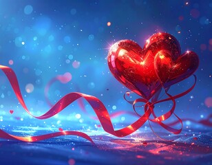 Two red hearts tied together with ribbons and sparkling background