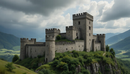 Ancient Medieval Stone Castle on Green Hills