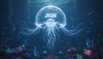 Glowing jellyfish with 2026 in ocean depths, marine life celebrating new year